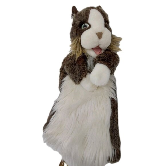 Folkmanis Cat Stage Puppet Retired Green Eyes Plush Fluffy White Brown 15" - Picture 1 of 10